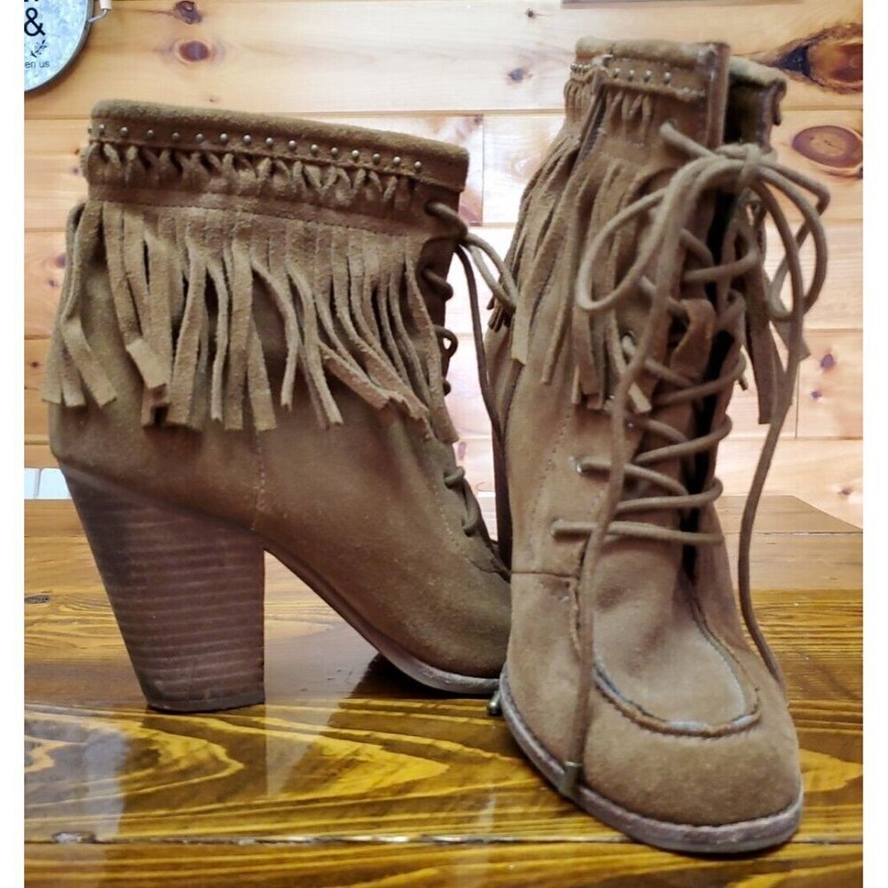 Gianni Bini Brown Leather Fringe Pointy Ankle Western Boots Booties Size 9.5